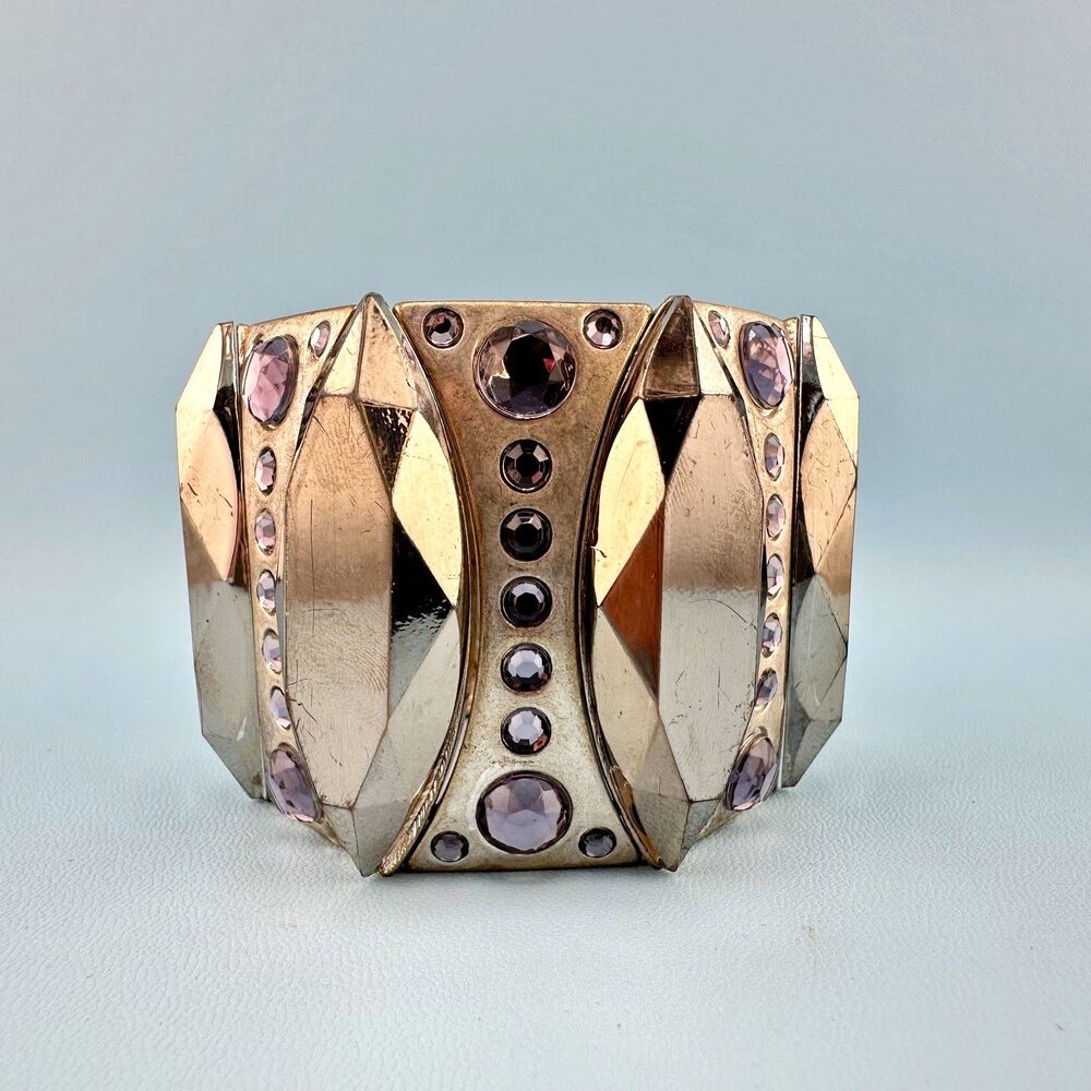 Vintage Retro Metal Stretch Bracelet Gunmetal Purple Rhinestone Statement Chunky